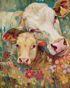 A Cow cuddling with her calf.