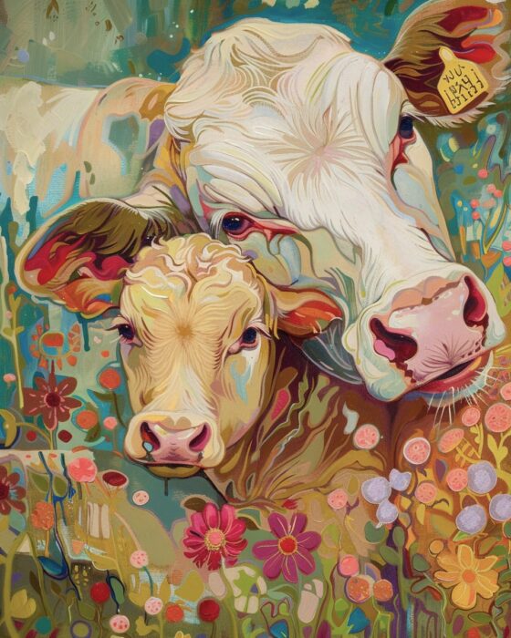 A Cow cuddling with her calf.