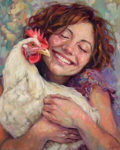 Woman snuggling with a chicken.