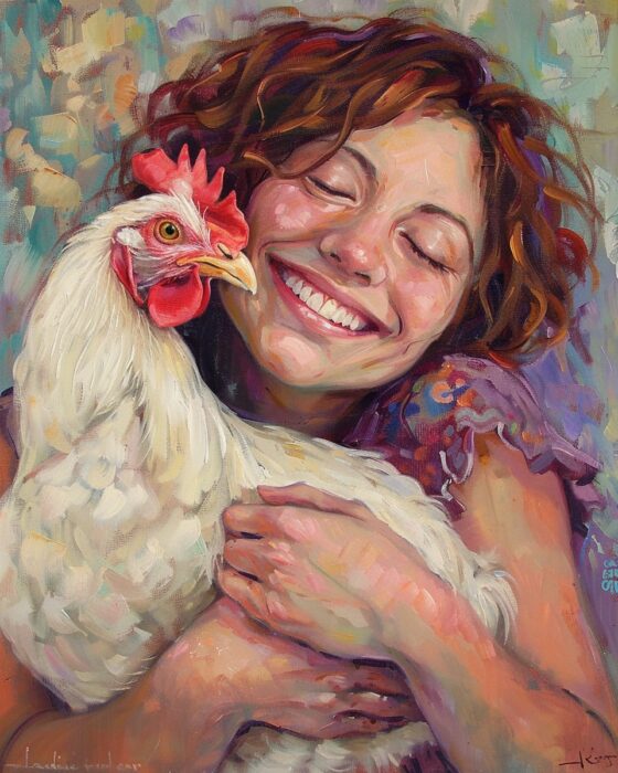 Woman snuggling with a chicken.