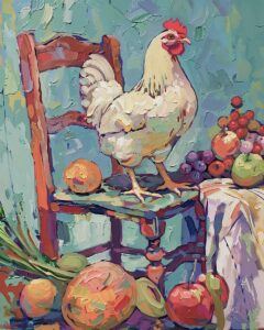 Chicken on a chair with fruits.