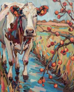 A cow in a steam beside an almond tree.