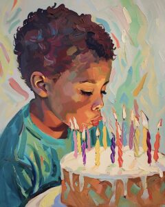 Boy blow out candles on a birthday cake.