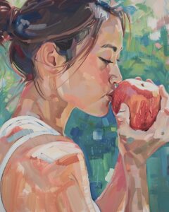 Healthy woman eating an apple.