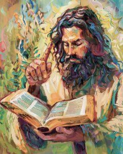 A figure with a beard holding a open book.