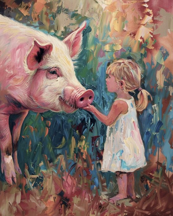 A little girl touching the snout of a pig.